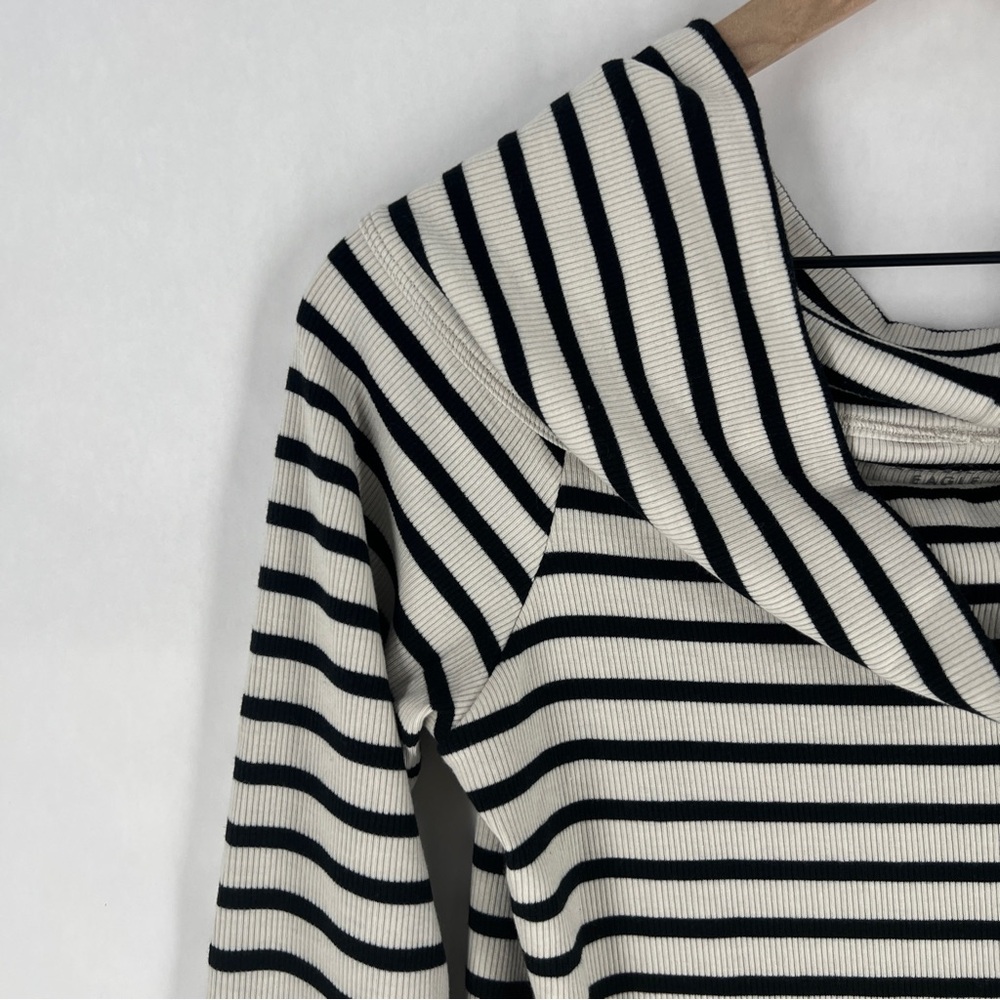American Eagle Ribbed Black & White Striped Off-Shoulder Long Sleeve Crop Top L - Picture 3 of 12
